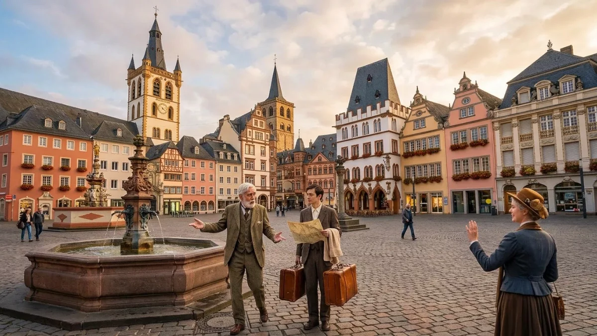 Chester, Toby und Lilly an einem Brunnen auf dem Hauptmarkt in Trier