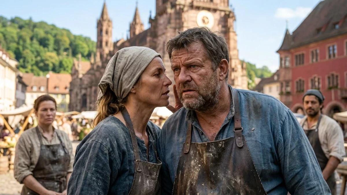 Die Steinmetze im geheimen Gespräch; im Hintergrund das Freiburger Münster
