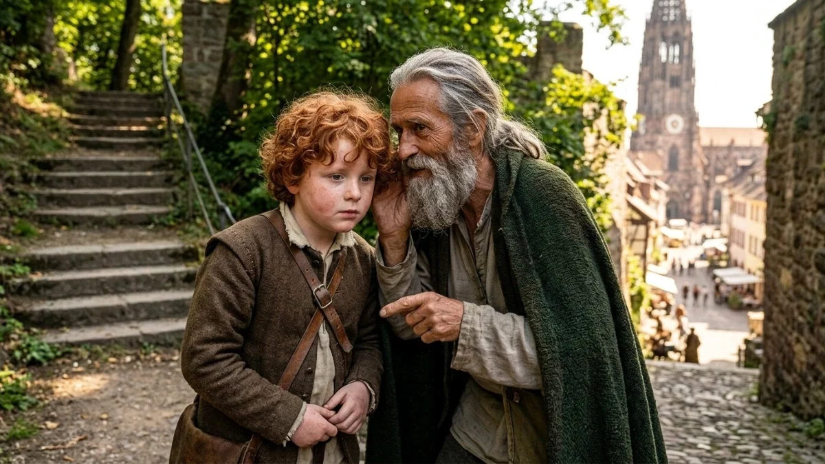 Der Weise Sebastien flüstert Robert etwas zu auf dem Schlossberg in Freiburg