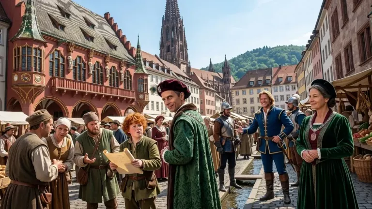 Robert, the Mayor, Valentin von Schweinefall and Captain Maximus in front of the Historic Department Store in Freiburg