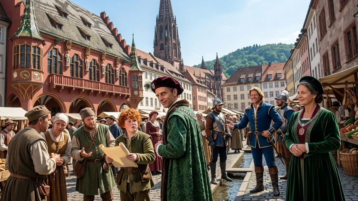 Robert, die Bürgermeisterin, Valentin von Schweinefall und Hauptmann Maximus vor dem Historischen Kaufhaus in Freiburg